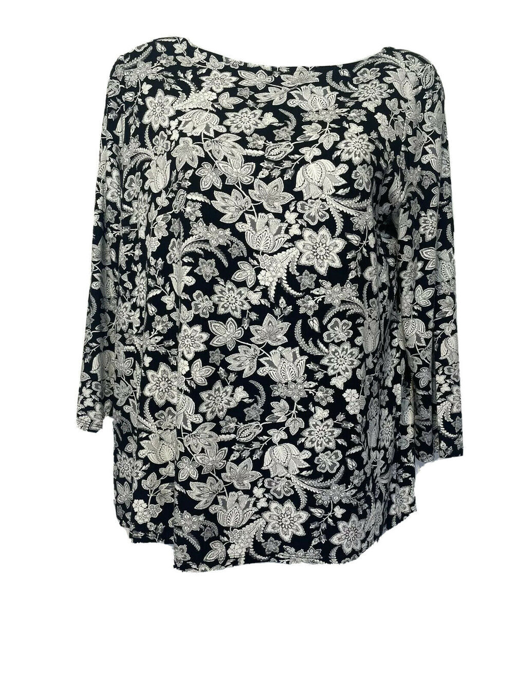 J Jill Women’s Size S wearever collection Black Gray Floral blouse
